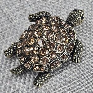 Antique Gold Topaz Sea Turtle Rhinestone Brooch Pin Pendant Coastal Boho Vintage